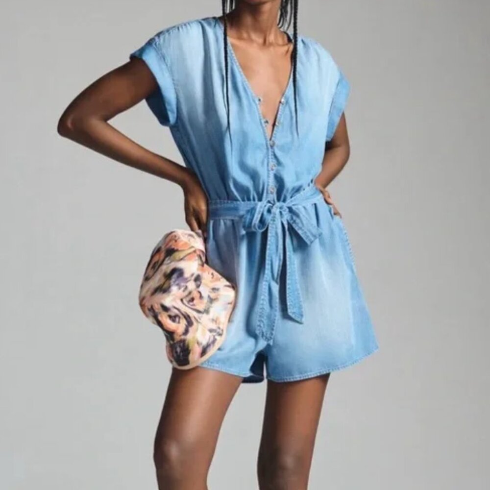 cloth & stone Light Blue Denim Tie-Waist Romper